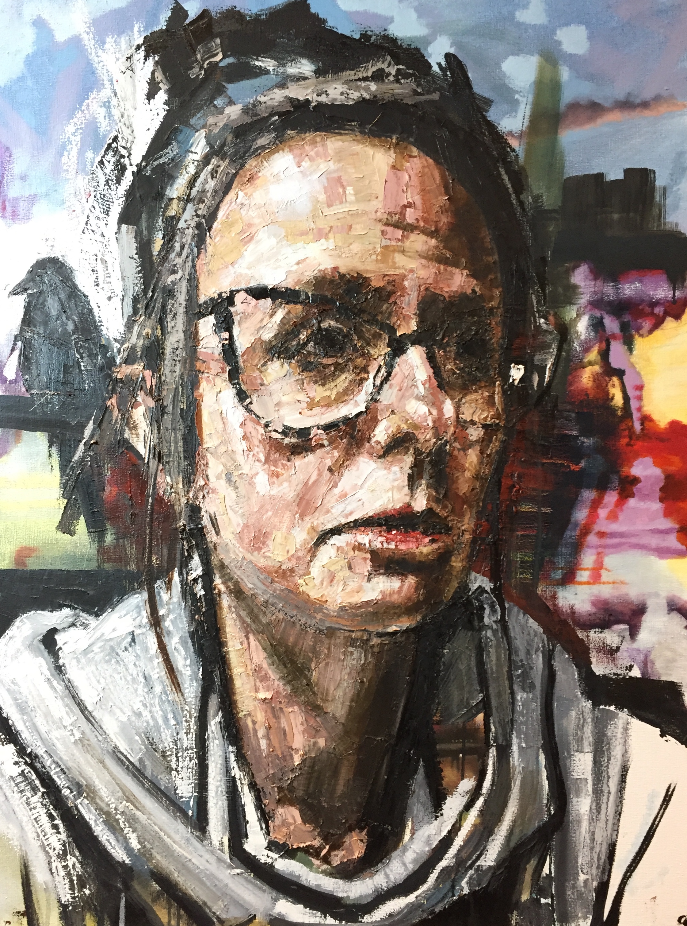 painting of woman with a crow in the background