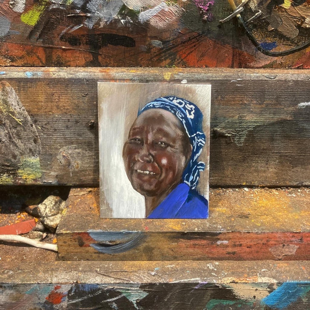 Small portrait of a woman. Painted using oil on aluminium. Size 6x5cm.