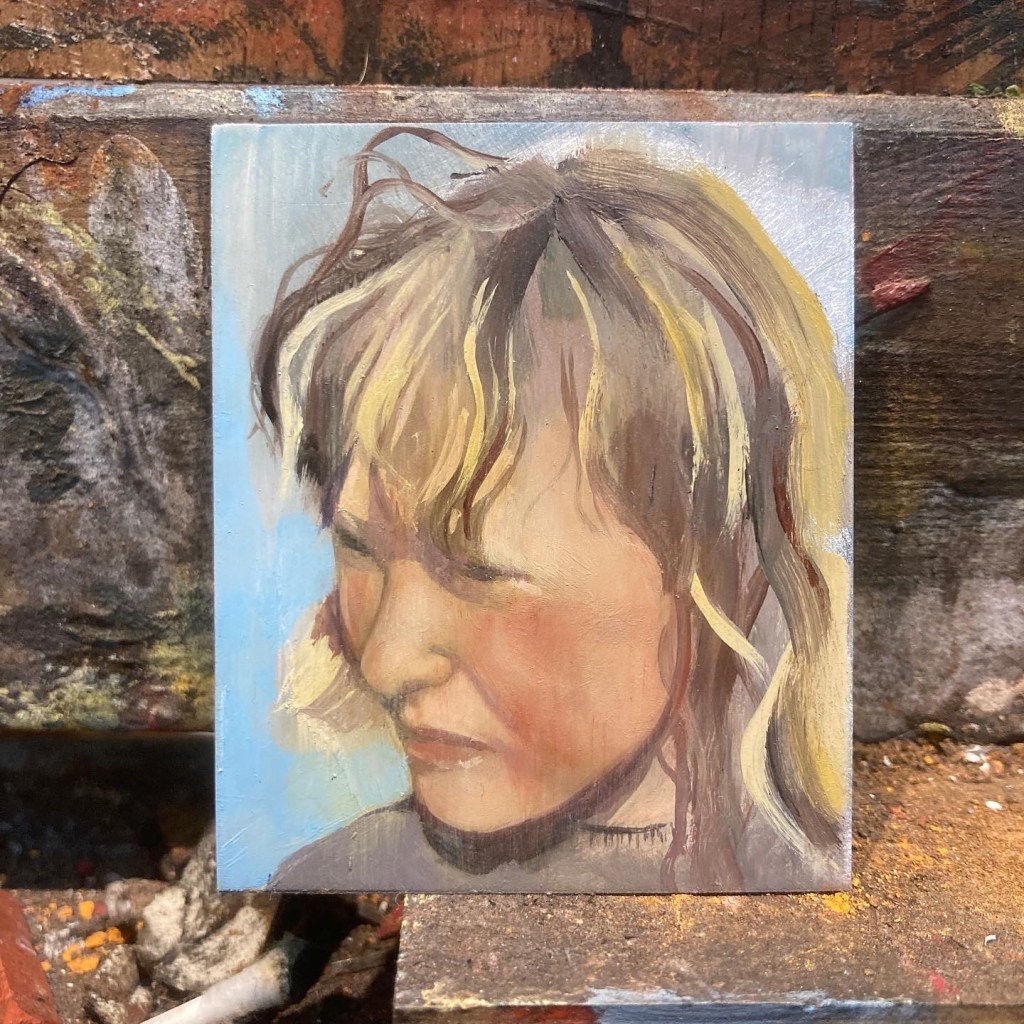 Small portrait of a girl. Painted using oil on aluminium. Size 6x5cm.