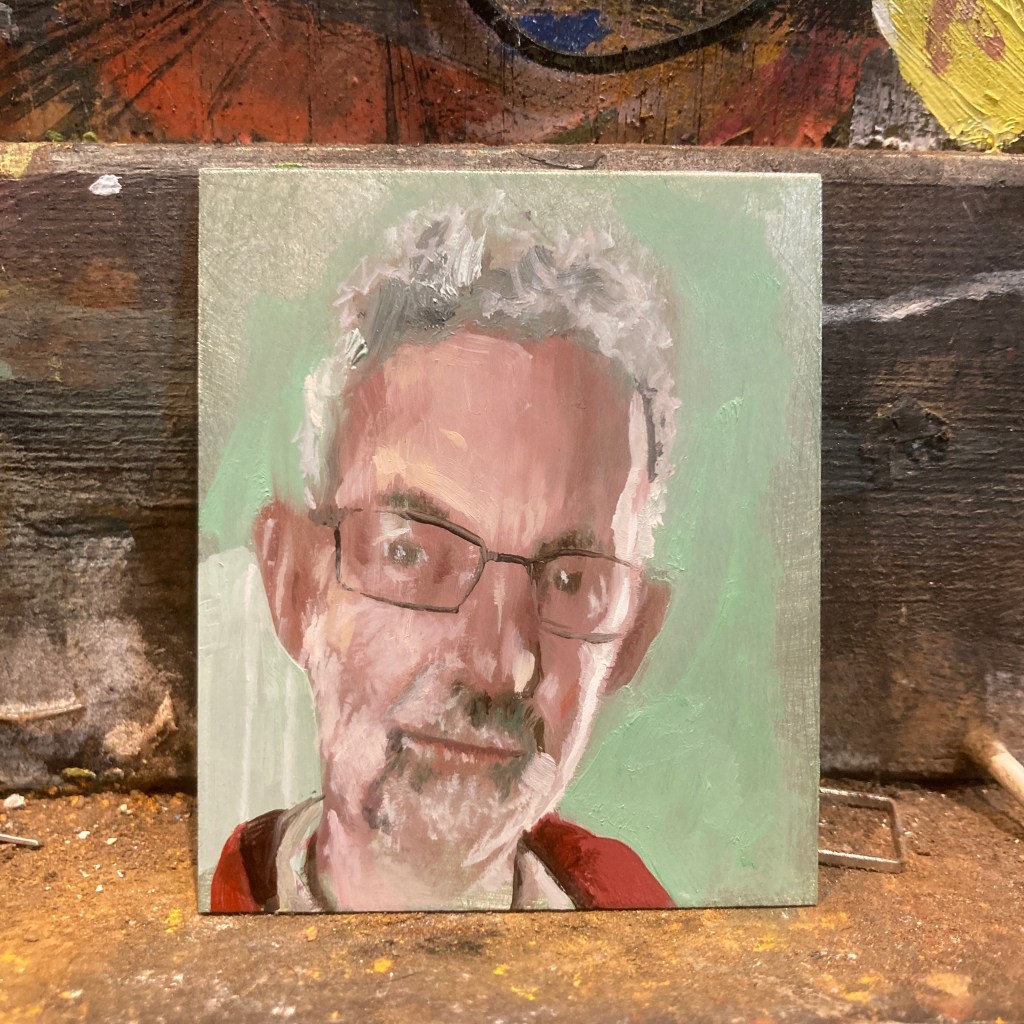 Small portrait of a man. Painted using oil on aluminium. Size 6x5cm.